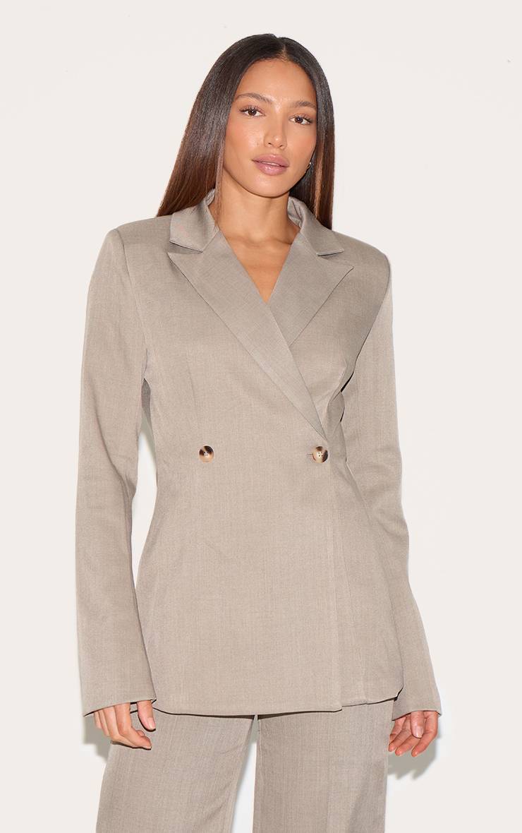 Taupe Blazer Ajusté Taille Cintrée En Tissu Tissé Premium Moka Taille Haute