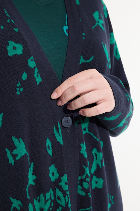 Long-Strickjacke, Blätter, V-Ausschnitt, Biobaumwolle
