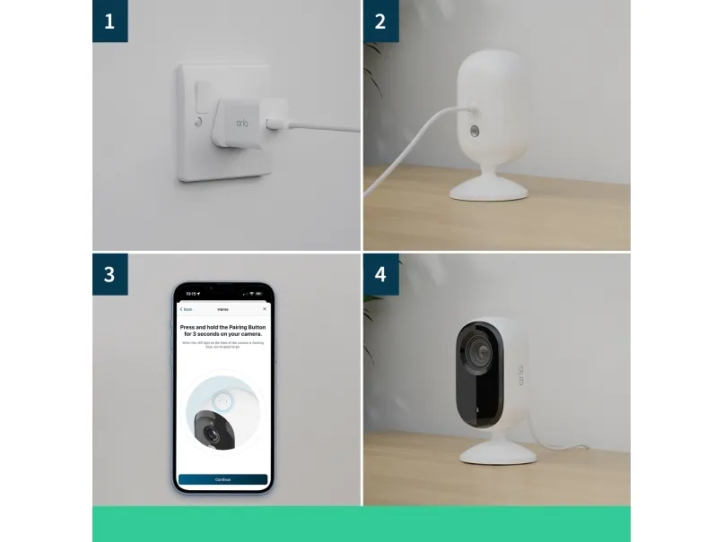 Arlo Essential Indoor 2K - Netværksovervågningskamera - indendørs - farve (Dag/nat) - 4 MP - 2560 x 1440 - audio - trådløs - WiFi - med Arlo Secure Plan (Trial) (pakke med 2)