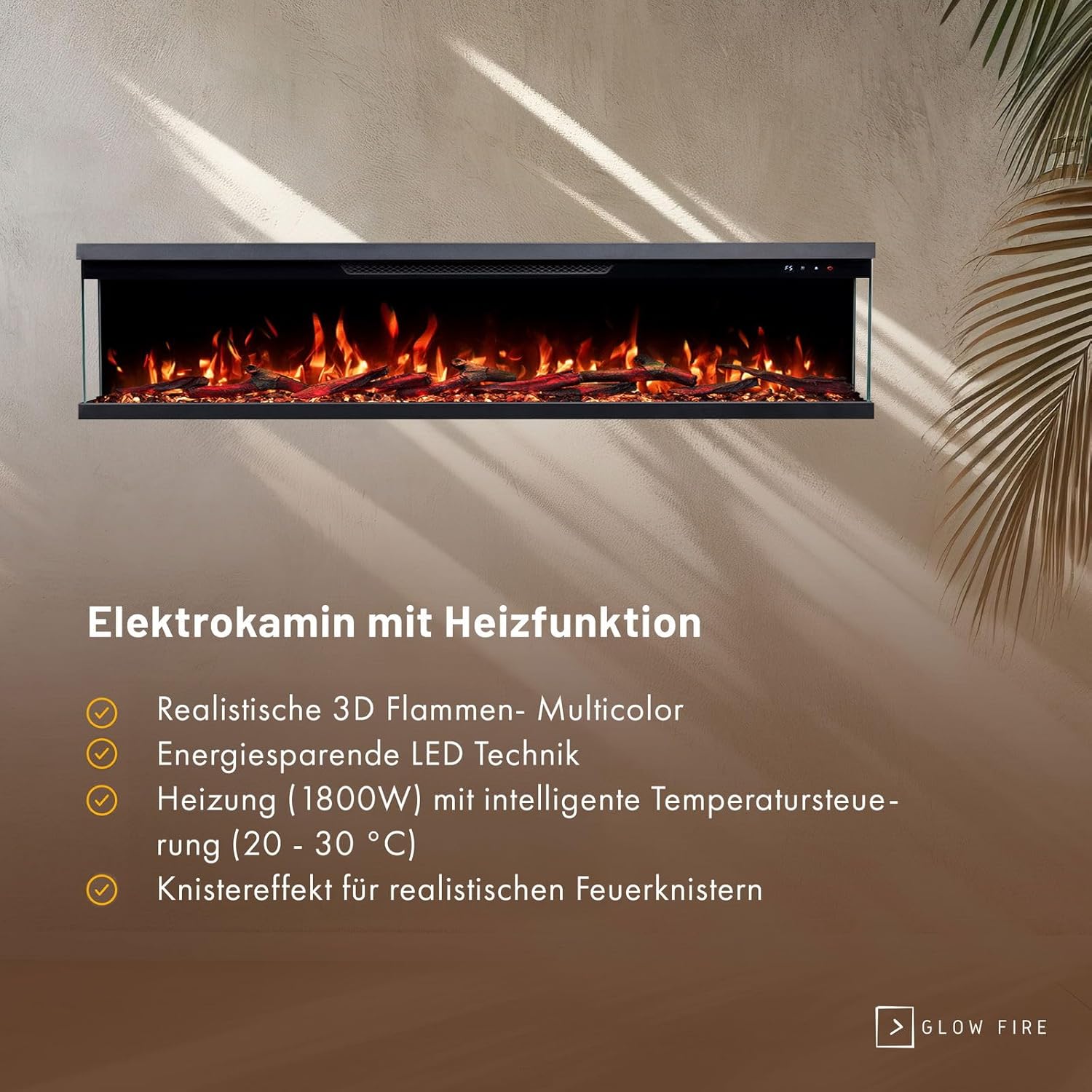 GLOW FIRE Elektrokamin Insert 152 mit realistischem 3D LED-Feuer - Wand-Elektrokamin mit Heizung und Kaminfeuer, App Steuerung, Knistereffekt & Timer, max. 1800 W, 152x35x19cm