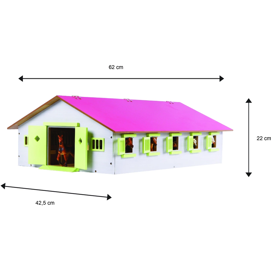 Kids Globe Farming Reiterhof Set Pferdestall 9 Boxen 4 Pferde 4 Heuballen Weiß, Rosa Weiß