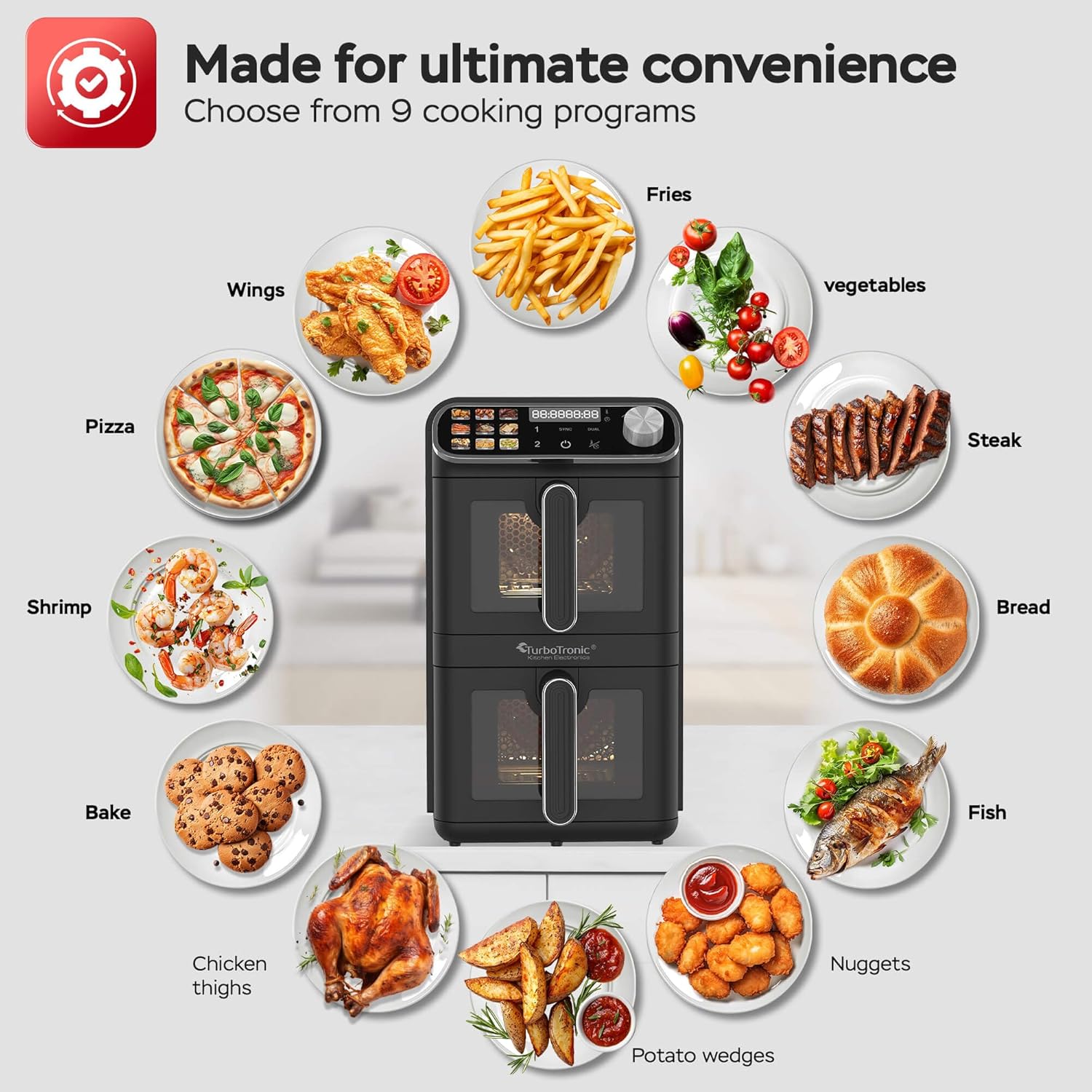 TurboTronic Heißluftfritteuse XXL – 11 L vertikale Doppelkammer Heißluftfritteuse 2 × 5,5 L DualZone, platzsparendes Double-Stack-Design AirFryer inkl. Silikoneinlagen, fettarmes Frittieren ohne Öl