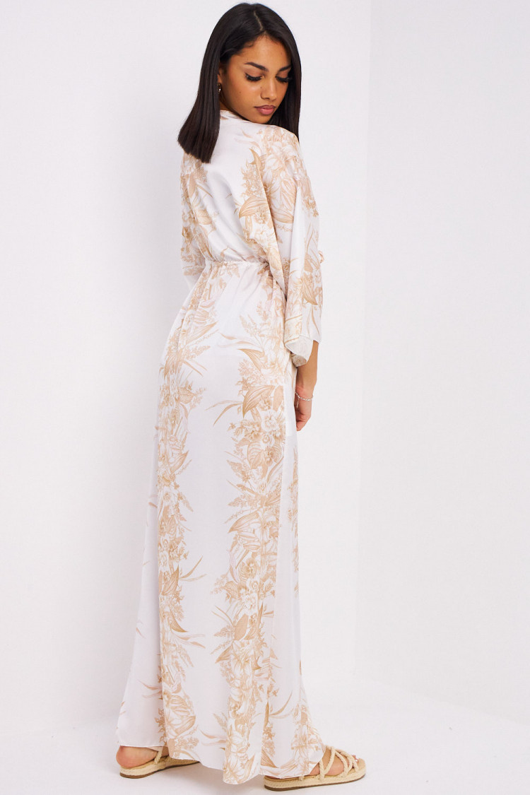 Robe chemise beige à fleurs col v