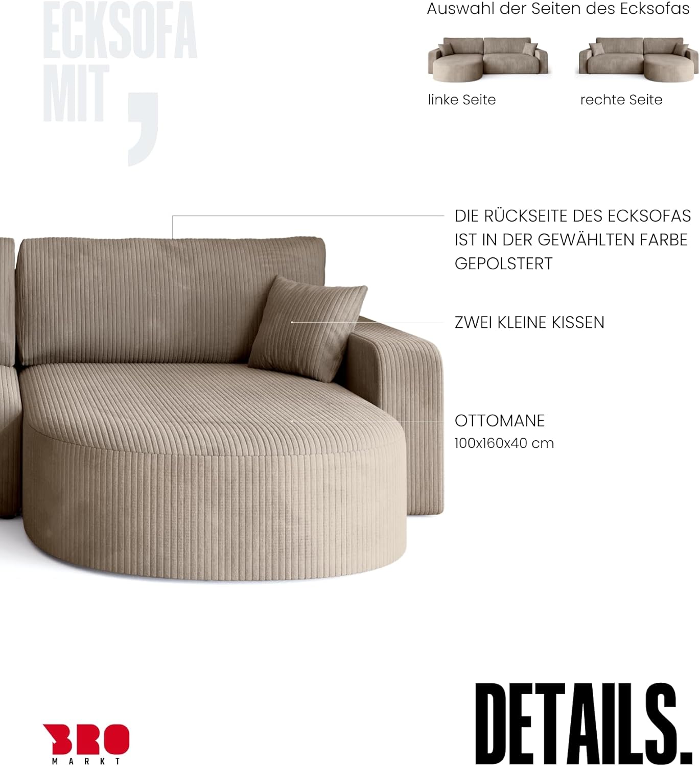 BROMARKT Ecksofa mit Schlaffunktion und Bettkasten Cordstoff Sofa Dreisitzer Schlafsofa Eckcouch Relaxsofa für Wohnzimmer Wohnlandschaft L-Form Bisk 275x170x85cm Beige