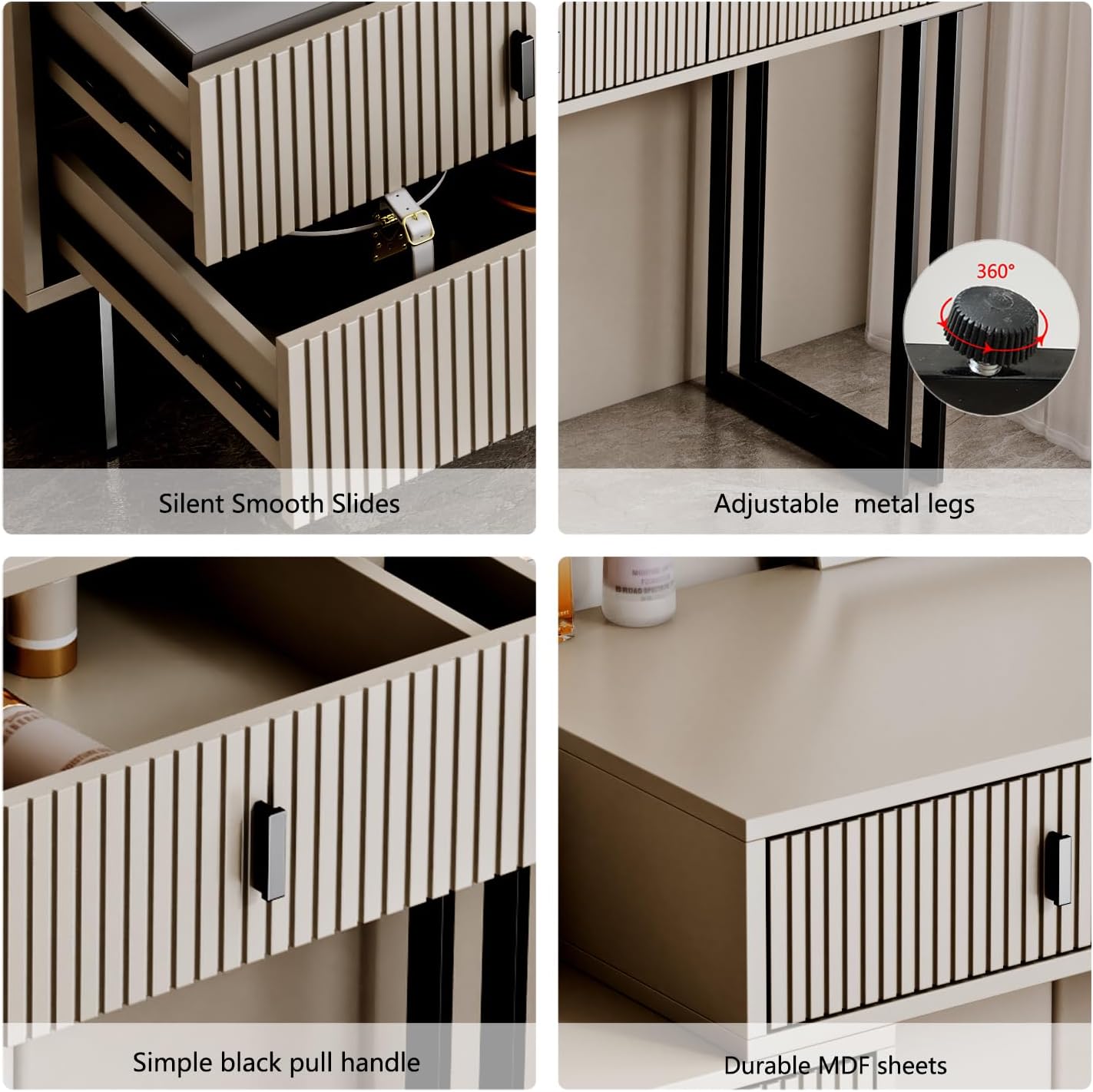 Cômoda leejdn com espelho regulável com tela sensível ao toque de 3 cores, penteadeira moderna para maquiagem com armários ajustáveis e 4 gavetas deslizantes, ideal para lavabo e quarto.