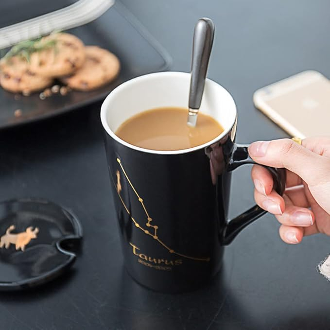 (450ml) Keramik Sternzeichen Kaffee Tasse Geschenkidee Tee Cup mit Deckel   Löffel - Jungfrau