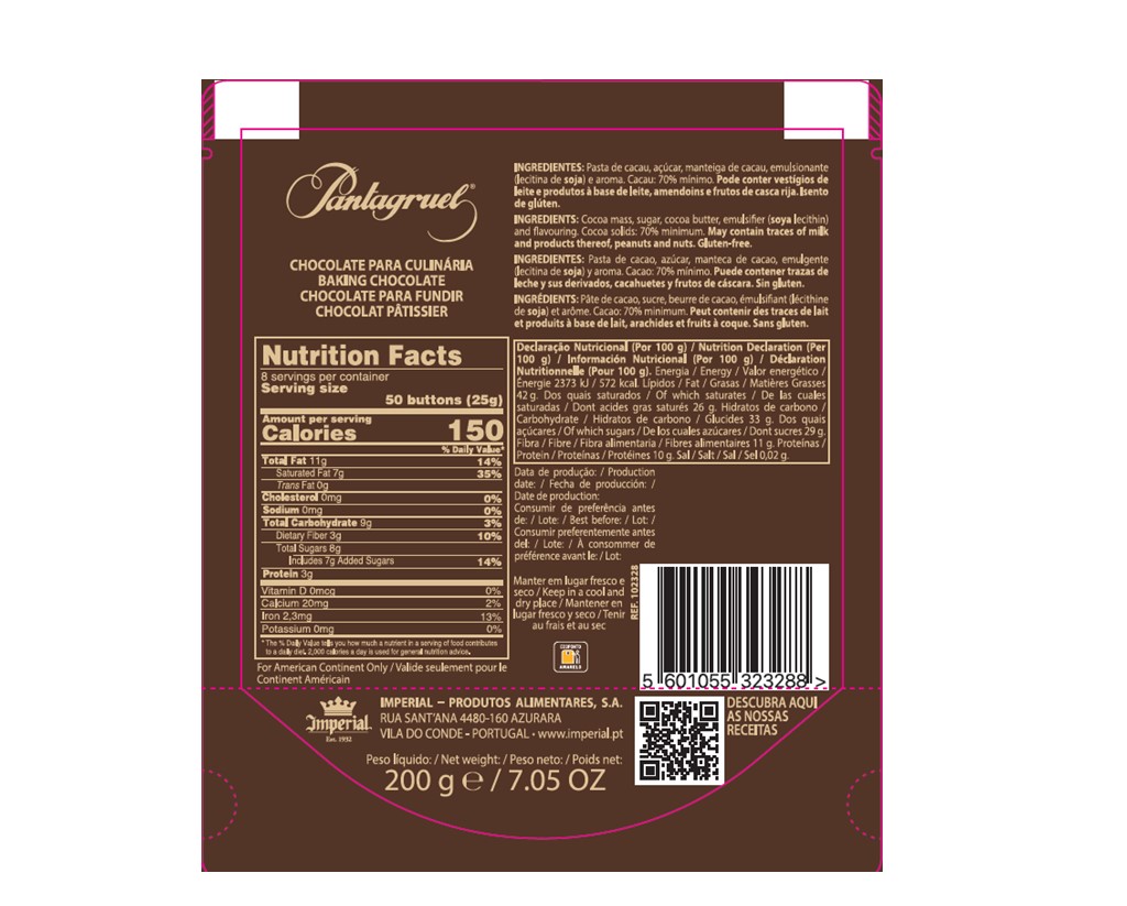 CHOCOLATE CULIÁRIA PANTAGRUEL PASTILHAS 70% CACAU 200G