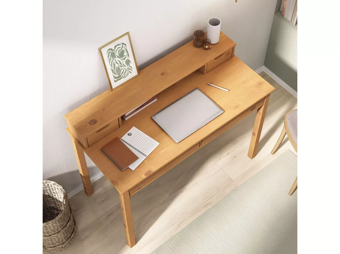 Bureau RAUL L 114 cm en bois massif coloris chêne avec quatre tiroirs et une niche réhausse écran intégrée