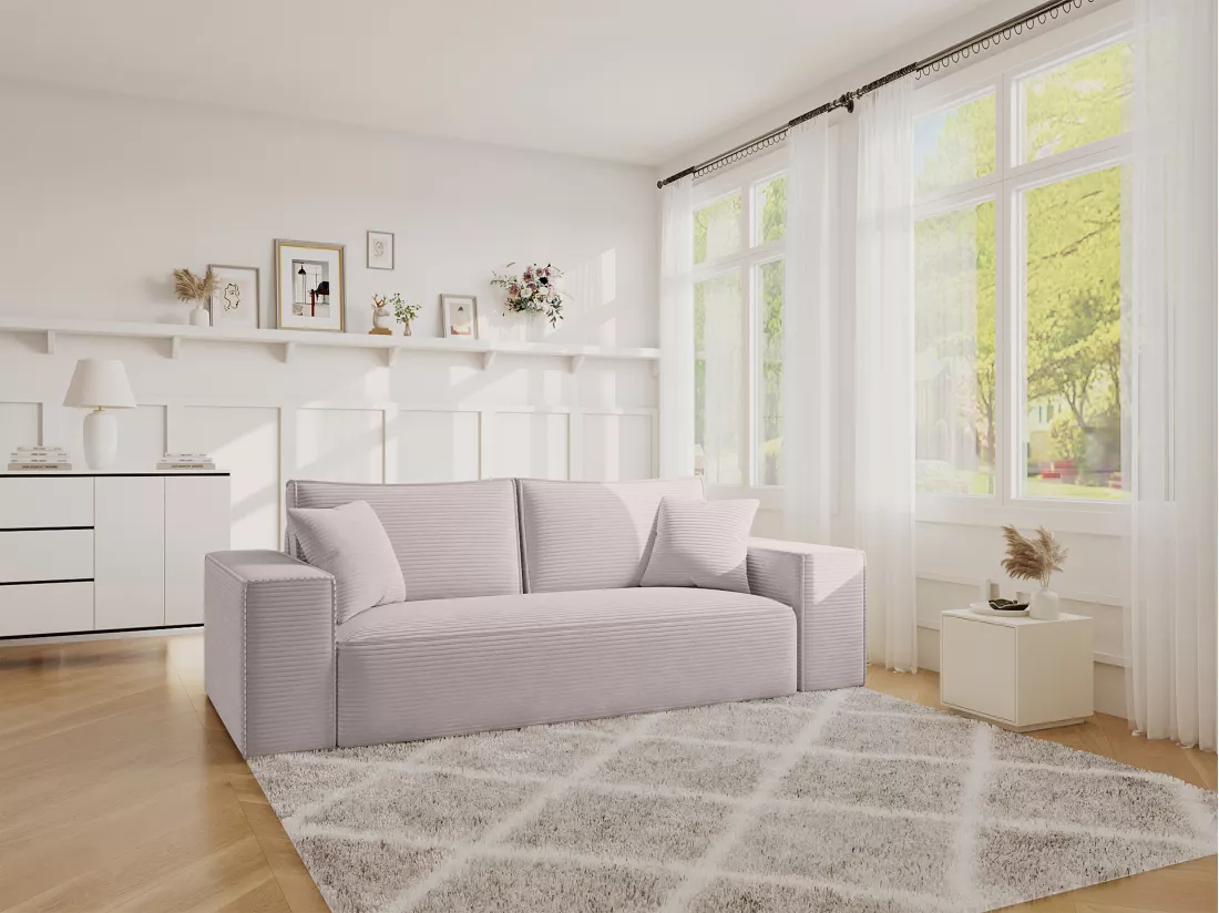 Canapé 3 places convertible express en velours côtelé beige - Couchage 140 cm - Matelas 13 cm AMELIA II