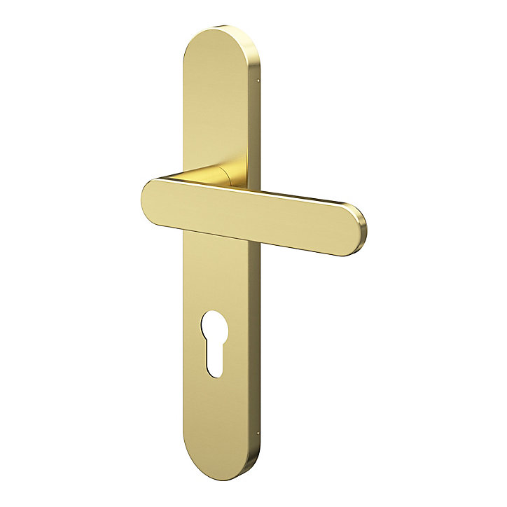 Ensemble poignée sur plaque rondcylindre GoodHome Minzh effet laiton satin doré L.120mm x l.42mm entraxe 165-195mm