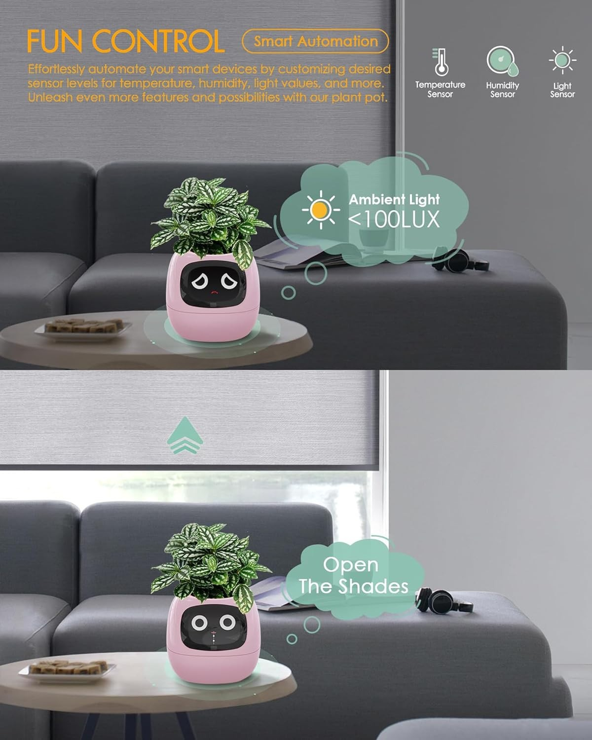 (9x9cm) Intelligenter Mini USB Blumentopf Home Deko Pflanzen Übertopf mit 40 Emotionen / LCD Display inkl. Kieselsteine (iOS/Android) - Ivy / Rosa