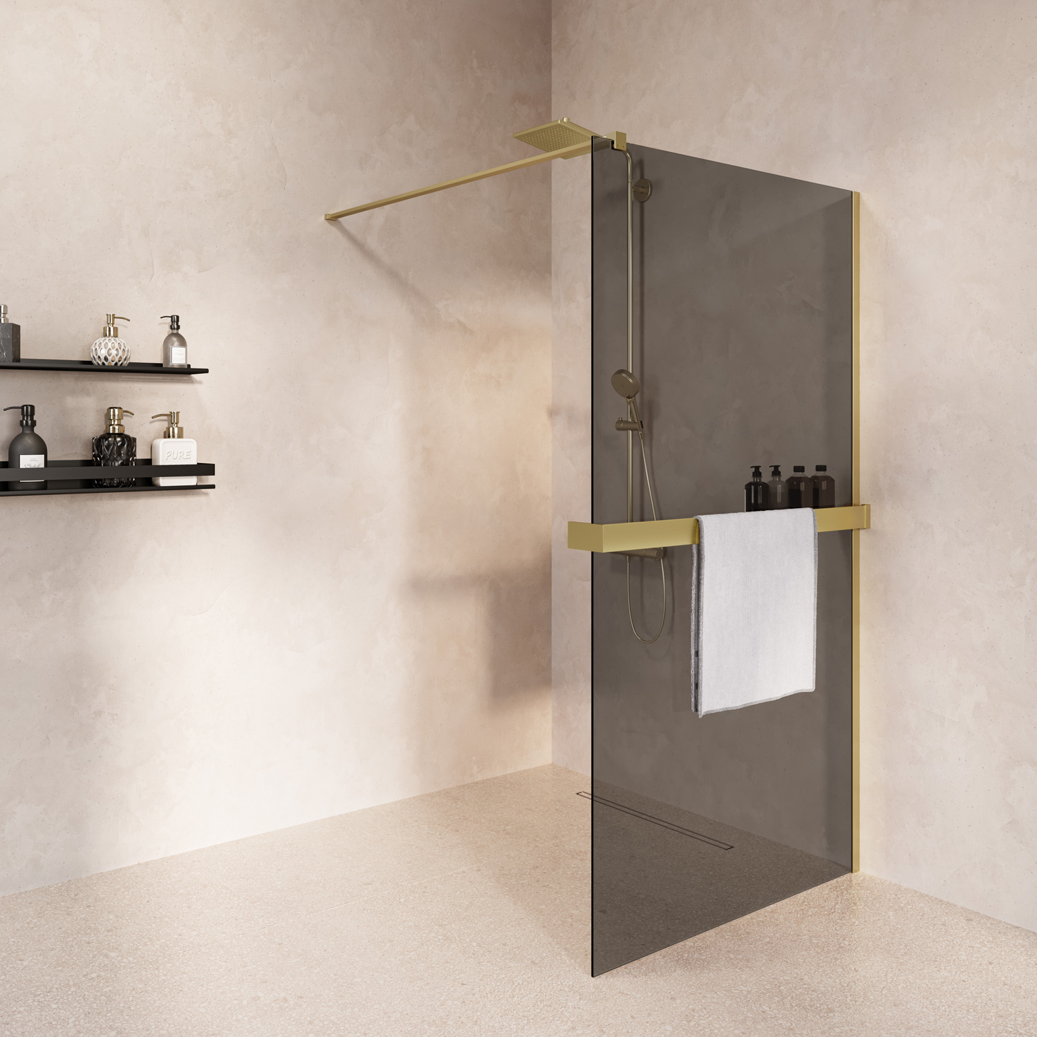 Saniclear Metric inloopdouche 110cm met handdoekhouder en rookglas geborsteld messing - mat goud