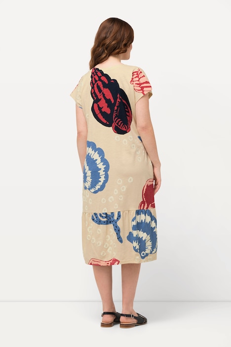 Midikleid, Ozeanmotive, V-Ausschnitt, Halbarm, Biobaumwolle