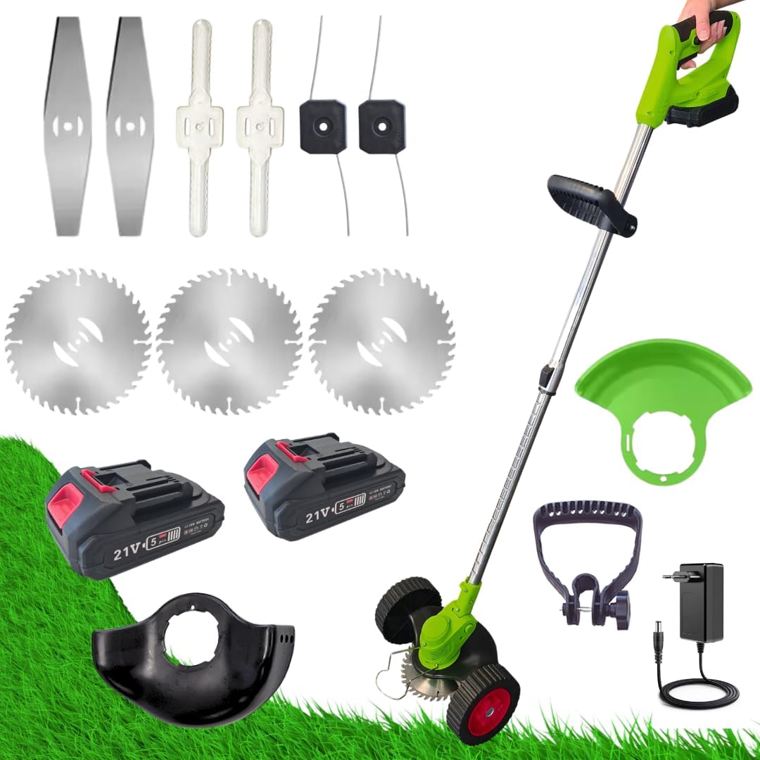 ROTORAZER 8 IN 1 Elektrische Motorsense, 2 Batterien 21V, Kantenschneider, Heckenschere, Rasenmäher, Verschiedenes Zubehör, 90° schwenkbarer Kopf (Mower+2Bat+3Blades)
