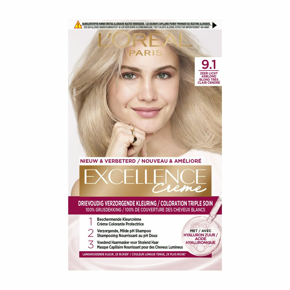 L'Oréal Excellence Crème Permanente Crèmekleuring 9.1 Zeer Licht Asblond