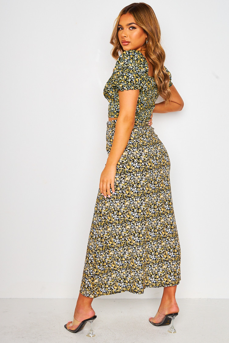 Ensemble 2 pièces noire imprimé fleuri crop top + jupe fendue