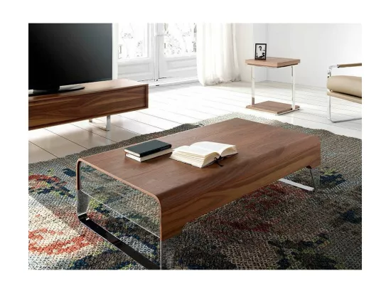 Table basse rectangulaire 2 tiroirs bois noyer et acier chromé Launa