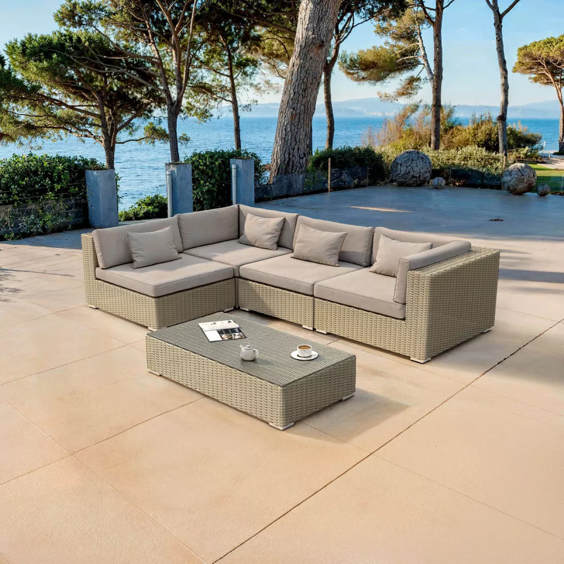 Salon de jardin en résine tressée 4 places 5 pcs Palma Gris et taupe