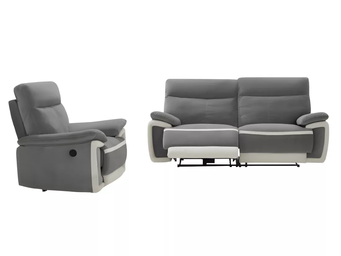 Canapés 3 places et un fauteuil relax électrique en velours METTI - Gris et bandes écru