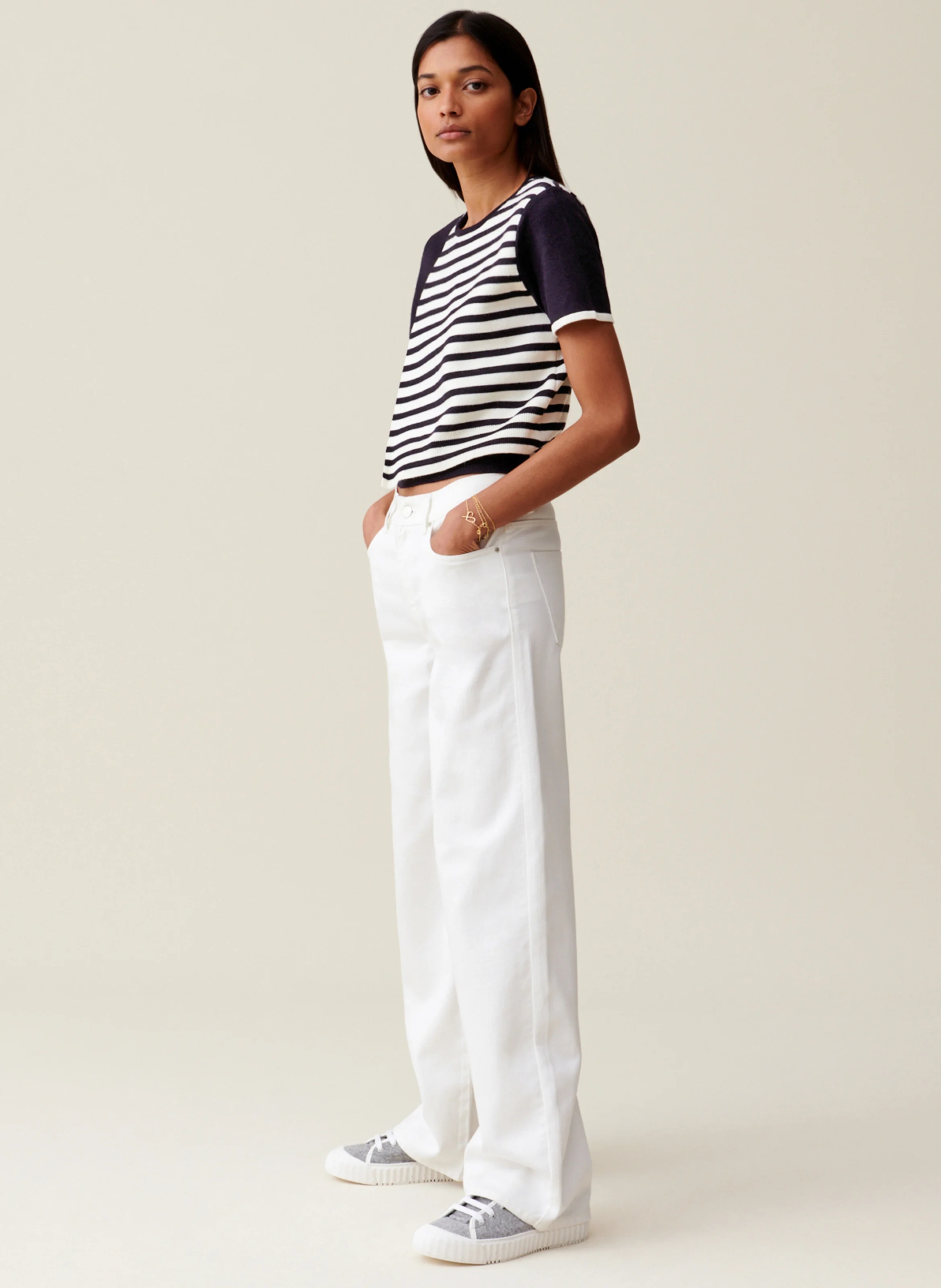 Pull manches courtes rayée en laine mélangée | Multicolore
