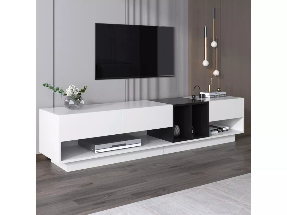 Meuble TV avec 3 tiroirs et 4 niche - Blanc et Noir - Panneaux de particules - 190x34x40cm
