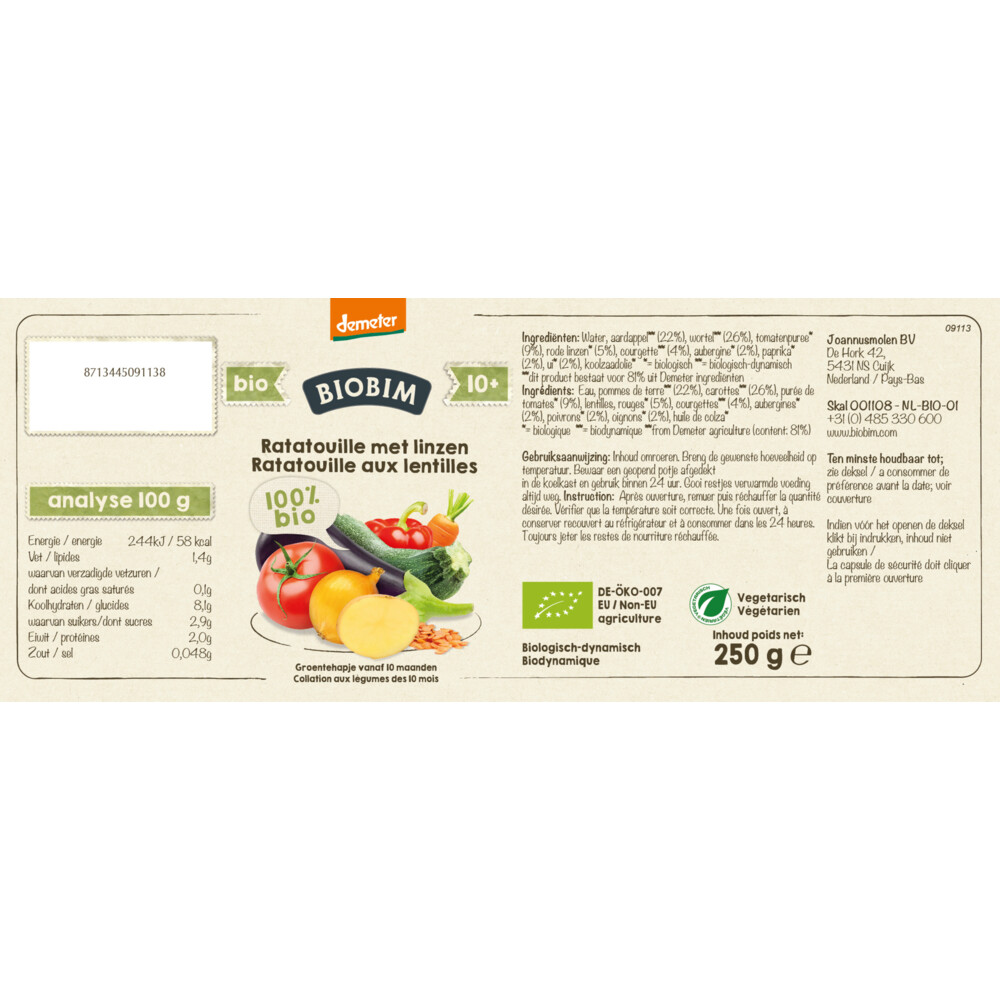 6x Biobim Maaltijd 10+ mnd Ratatouille met Linzen250 gr
