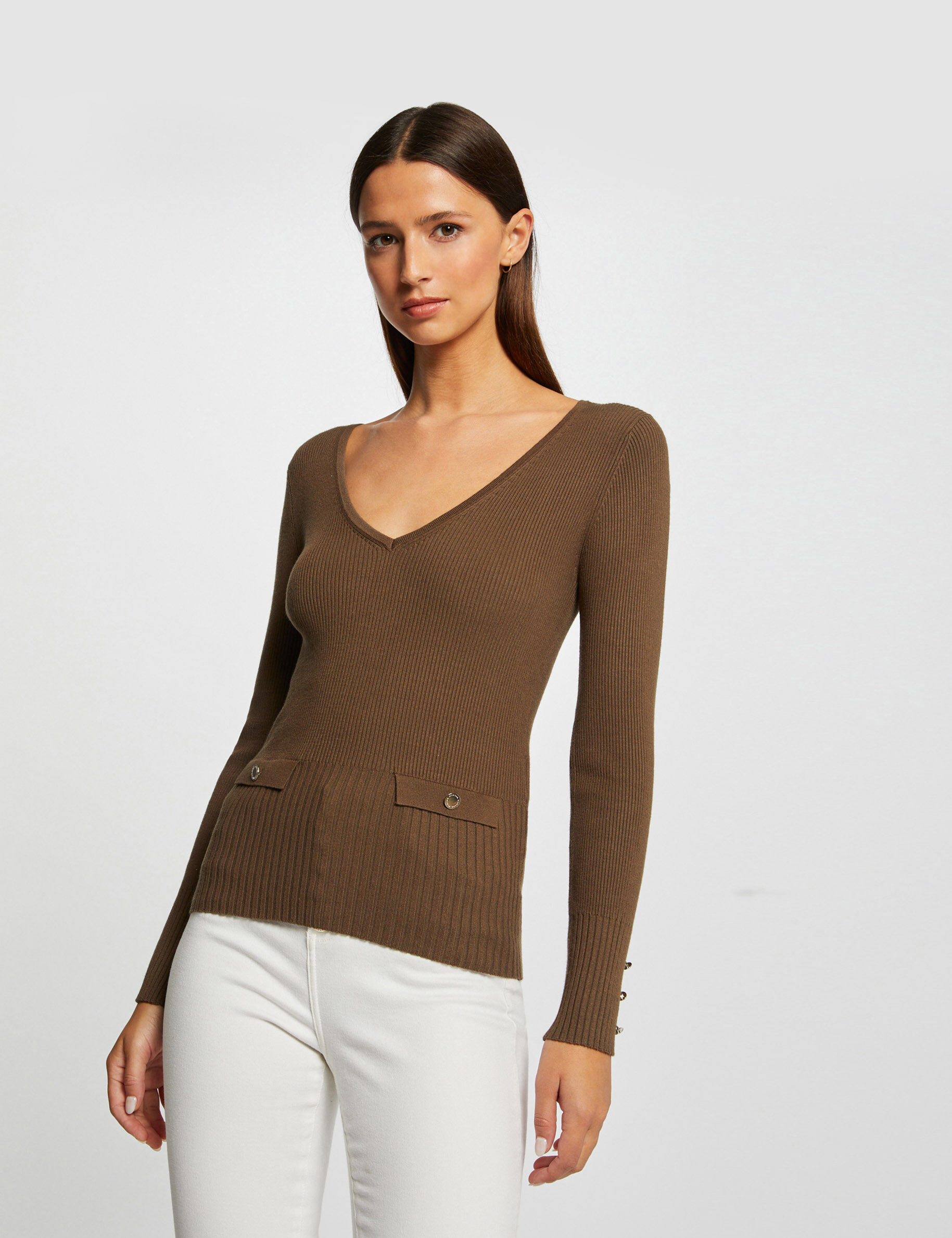 Pull manches longues côtelé à col en V vert moyen femme - vert_moyen