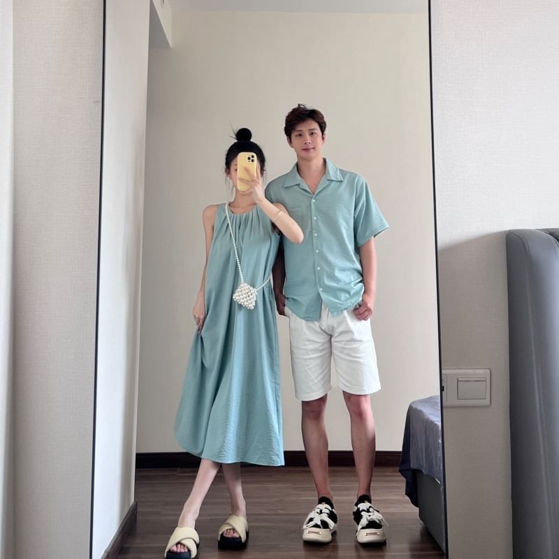 Azure - Koppel bijpassende mouwloze ronde hals effen midi A-lijn jurk / korte mouwen reverskraag shirt / middelhoge taille shorts / set