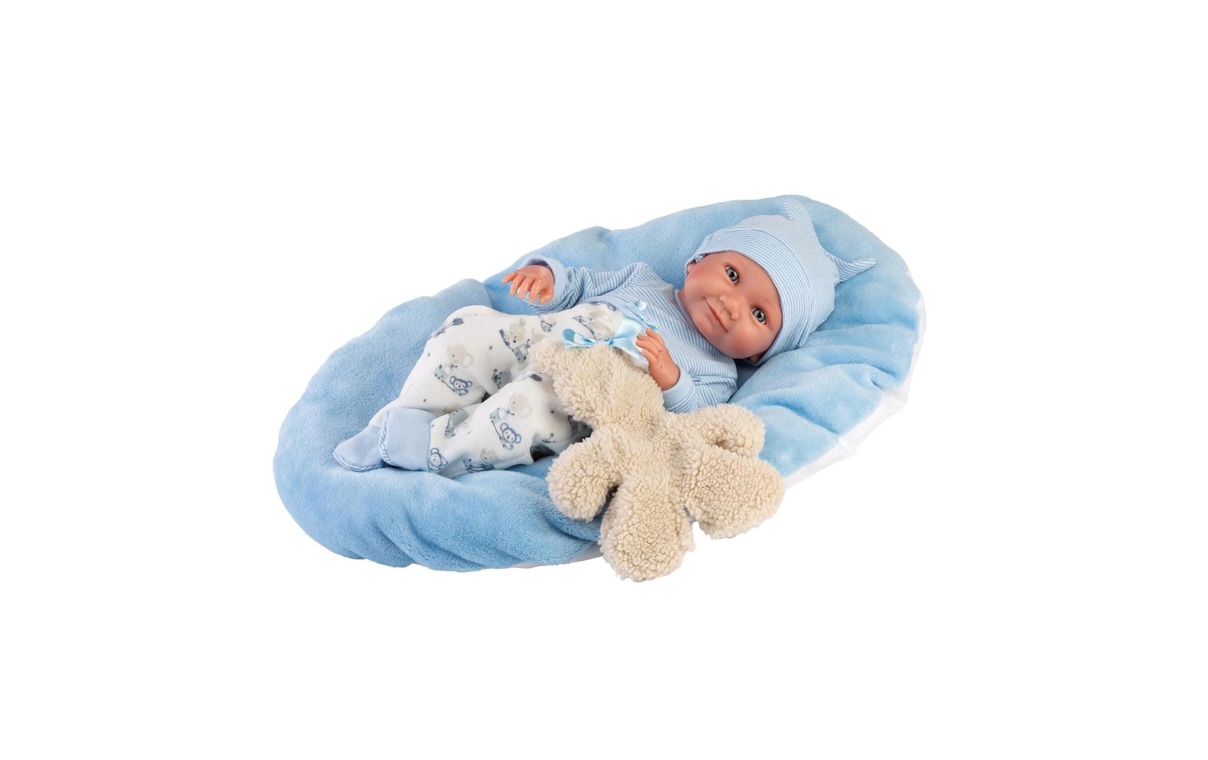 Babypuppe Nico mit Kissen Blau 40 cmNew Born Puppe mit weichem Stoffkörper