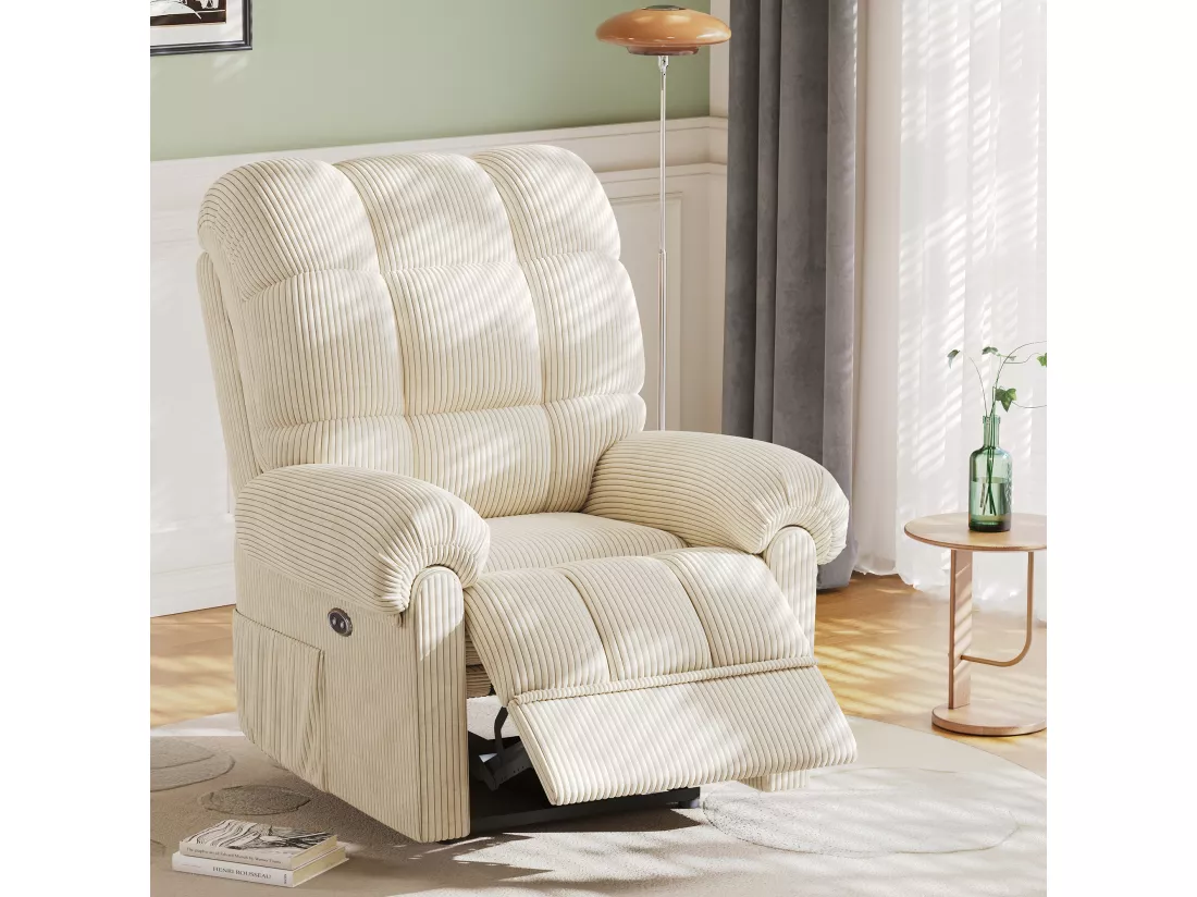 Fauteuil Relax Fauteuil électrique en Velours Côtelé,Fauteuil à loisirs Réglable avec USB,Dossier Réglable,Anti-statique avec Repose Pieds - 96x97x104cm Beige