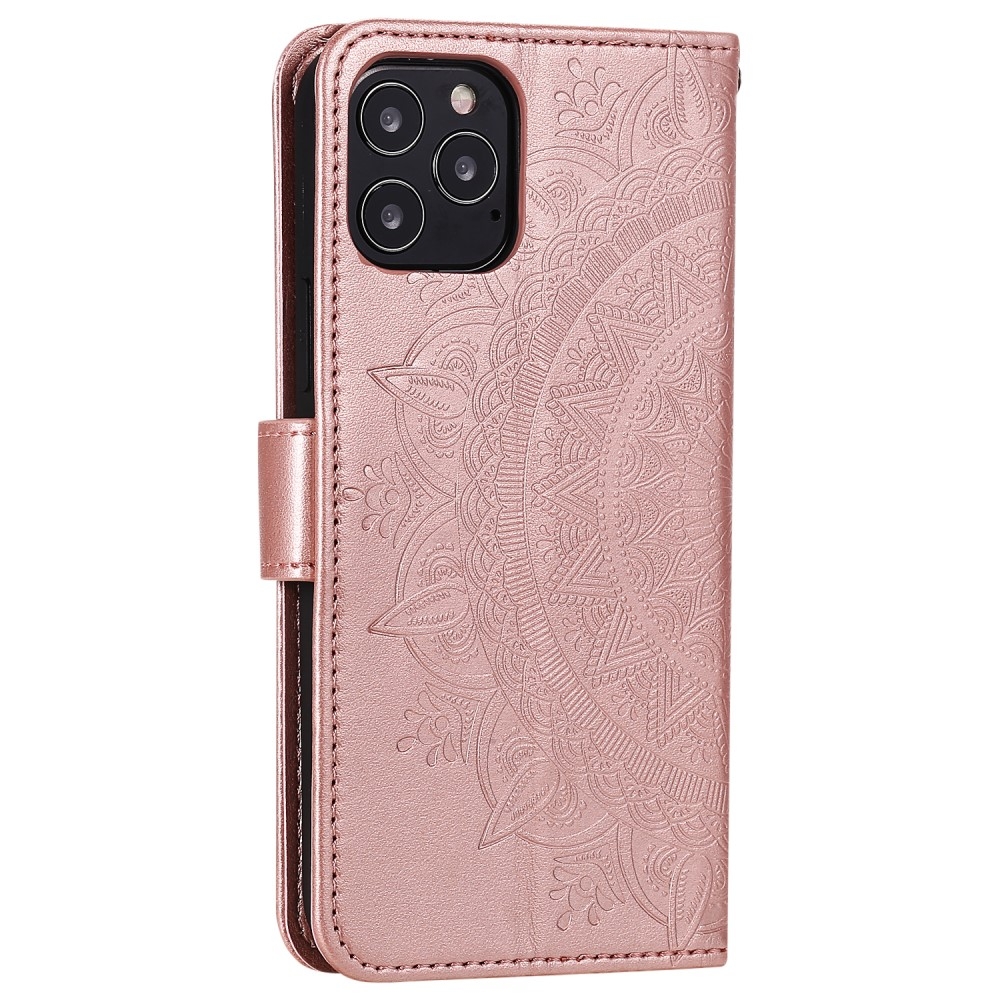 iPhone 12 / iPhone 12 Pro Leder Tasche Wallet - Mandala Flowers Imprint - Roségold