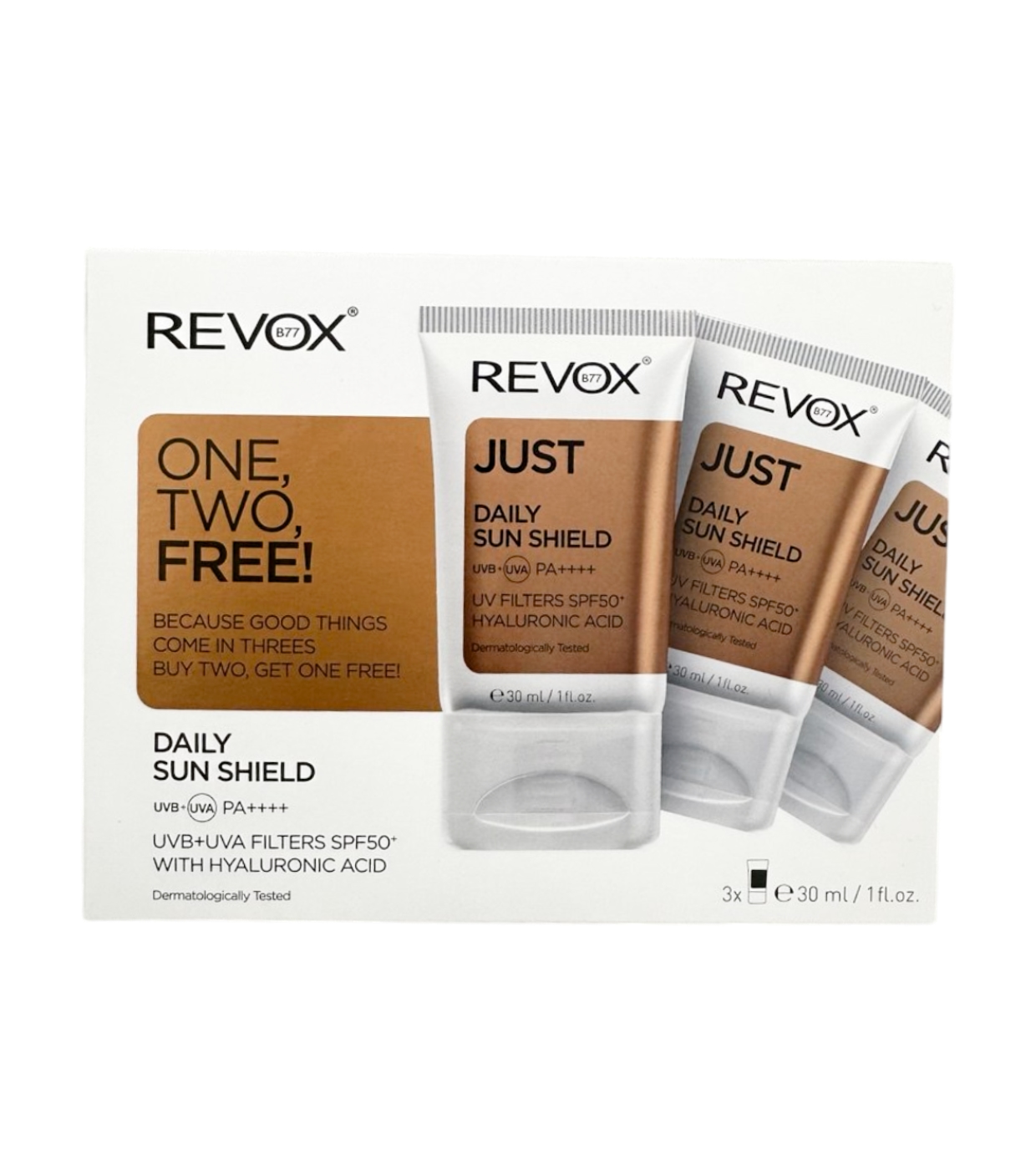 Revox - *Just* - Pacote com 3 protetores solares FPS50+ com ácido hialurônico One, Two, Free!
