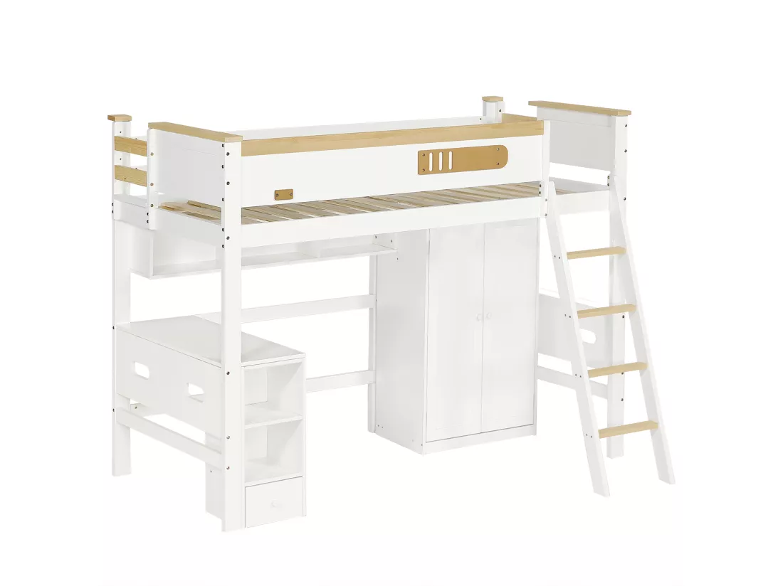 Lit superposé,Lit de maison,Lit d'enfant,avec barrière de sécurité,avec table et armoire,Étagère ouverte,Grand espace de rangement,Avec échelle à quatremarches,Pin+MDF+contreplaqué,Blanc+naturel,90x200cm,Sans matelas