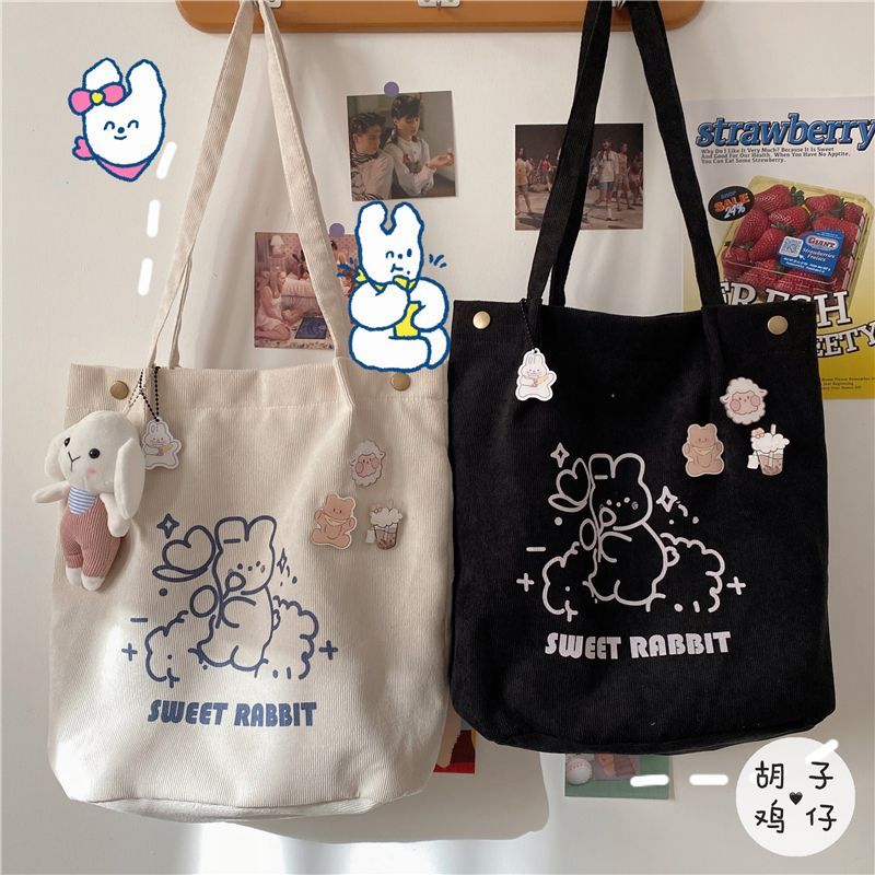 Anchara - Corduroy Tote Bag met Cartoon Print