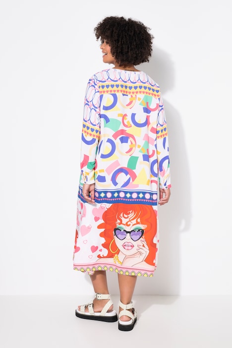 Kleid, Midilänge, Patch-Druck, Tunika-Ausschnitt, Langarm