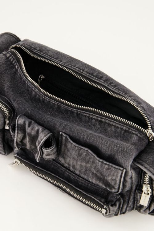 Grijze denim schoudertas met vakjes en ritsen