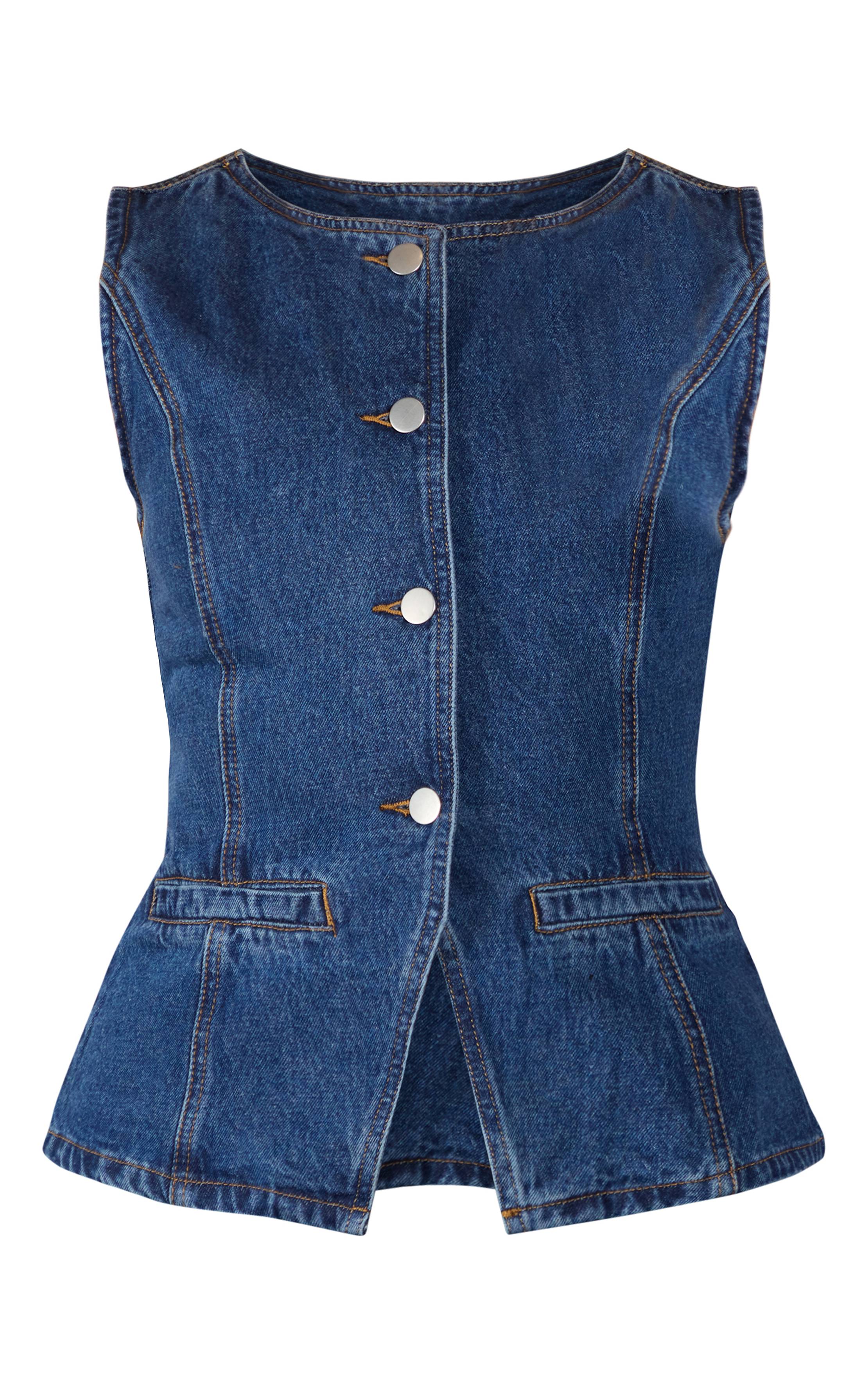 Bleu Foncé Gilet Long En Jean À Col Rond
