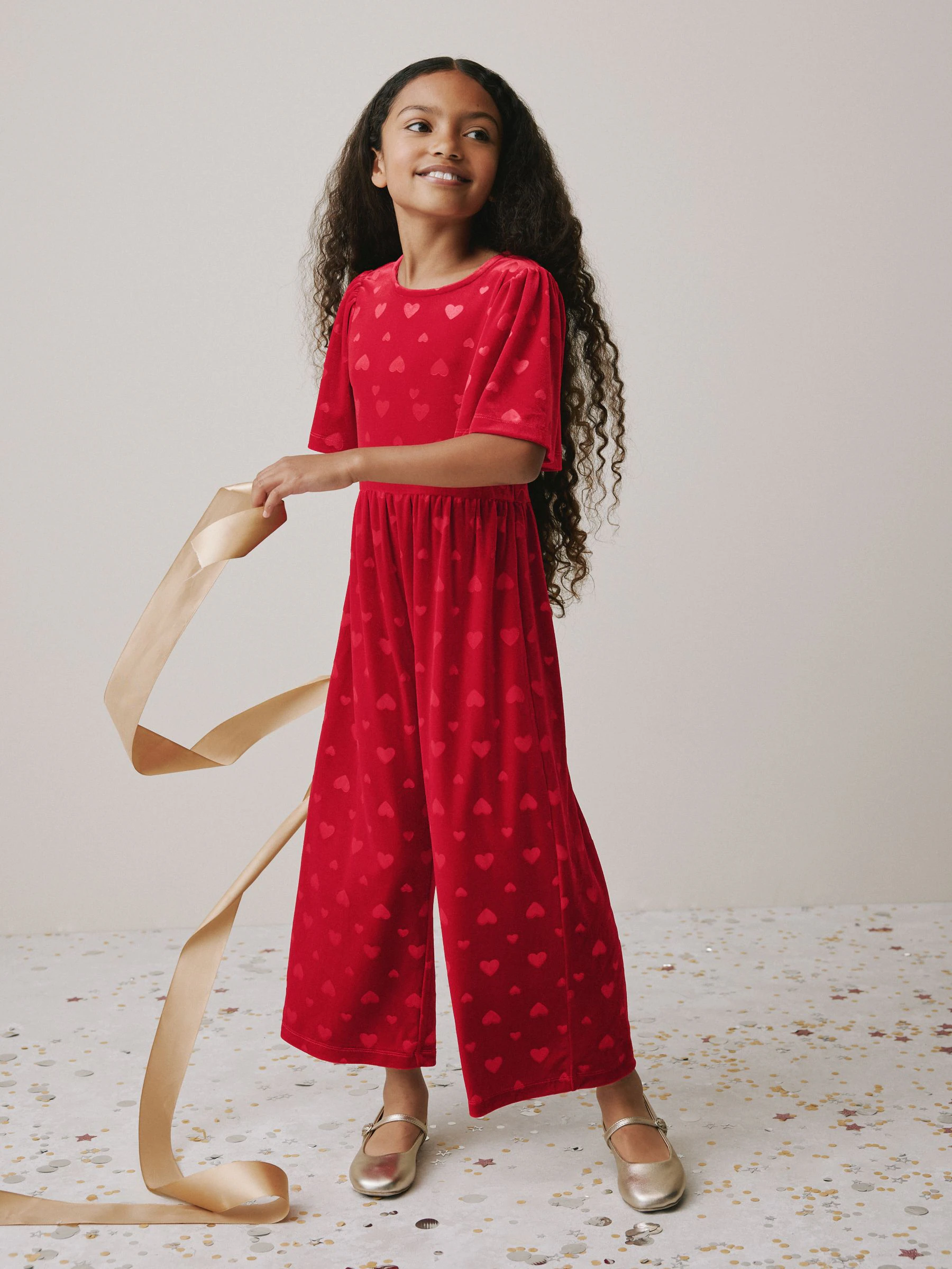 Rood - Heart Embossed Velour Jumpsuit (3-16yrs)