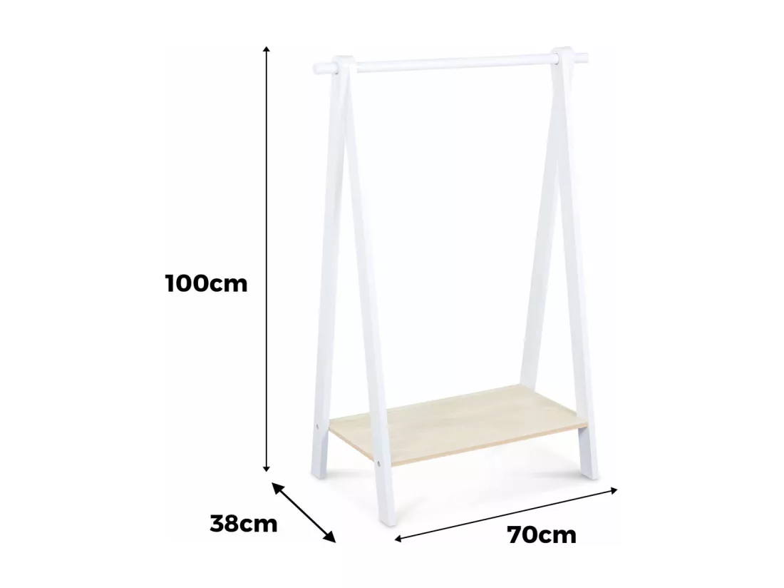 Penderie enfant en bois massif en pin naturel blanc - Tobias - 70X100CM. étagère basse. portant style scandinave. 4 pieds. 4.3kg