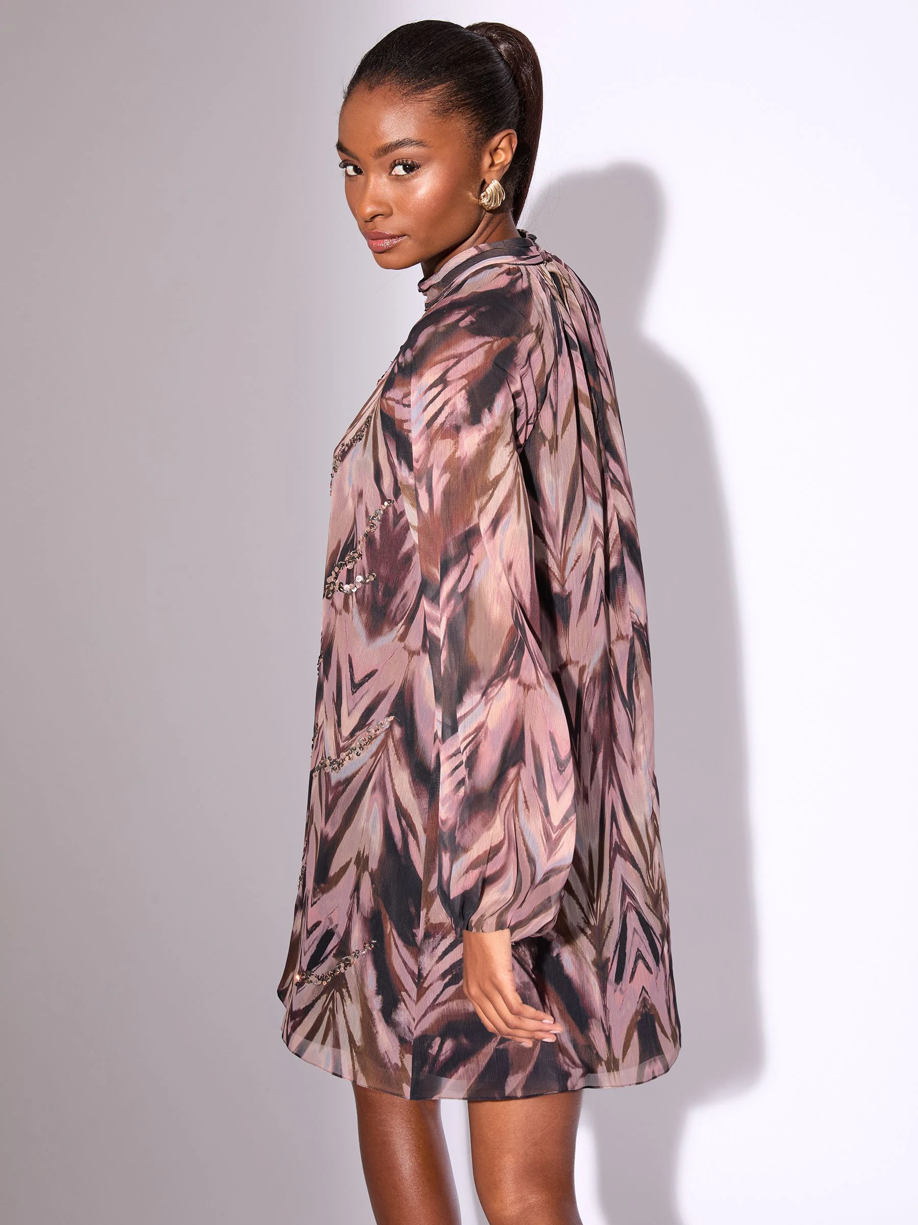Lipsy Mini Animal Print Sequin Long Sleeve Shift Dress