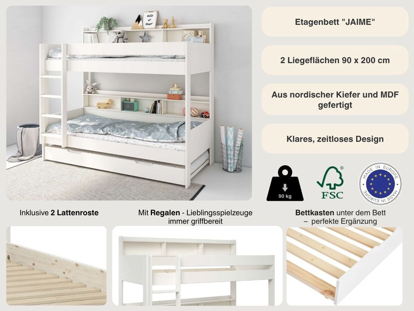 Lüttenhütt Etagenbett »JAIME, TOPSELLER! Stockbett, mit Regalen, Schublade optional« ca. 186x115x204 Höhe/Breite/Länge,  FSC® zertifiziertes Massivholz, viel Stauraum und Abstellfläche