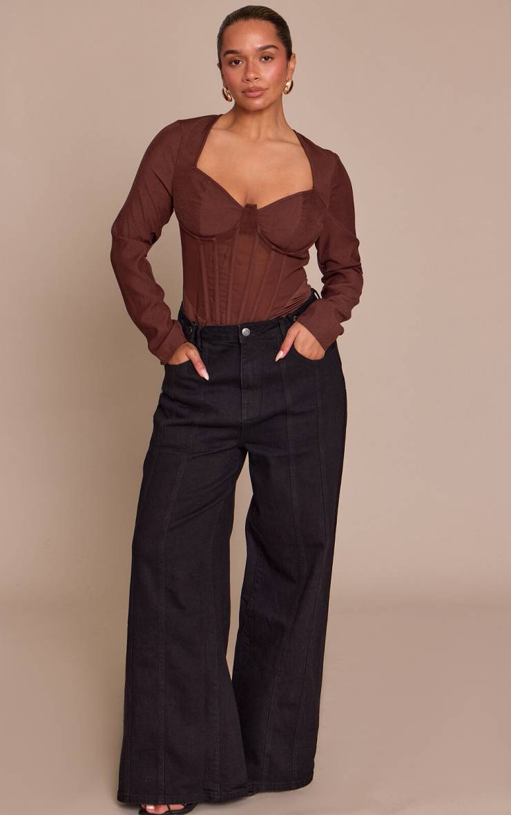Chocolat Body Corset Manches Longues En Mesh Shape