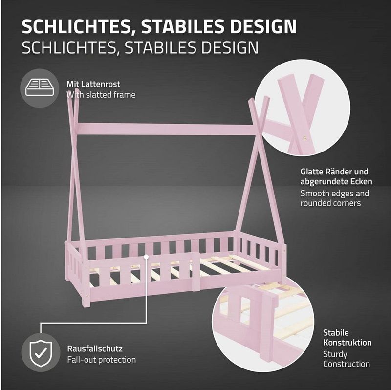 ML-Design - Kinderbed Tipi - Roze - Grenenhout - Met Uitvalbeveiliging