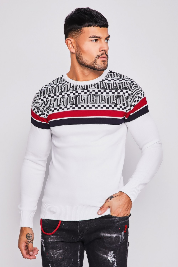 Pull en maille blanc à motifs grecs et bandes