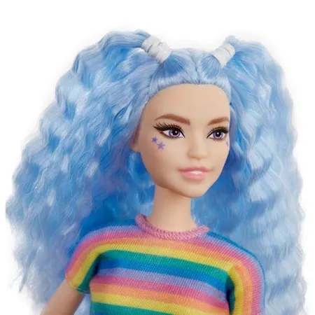 Barbie Fashionistas Puppe (blaue Haare) im Regenbogen-Shirt und Rock