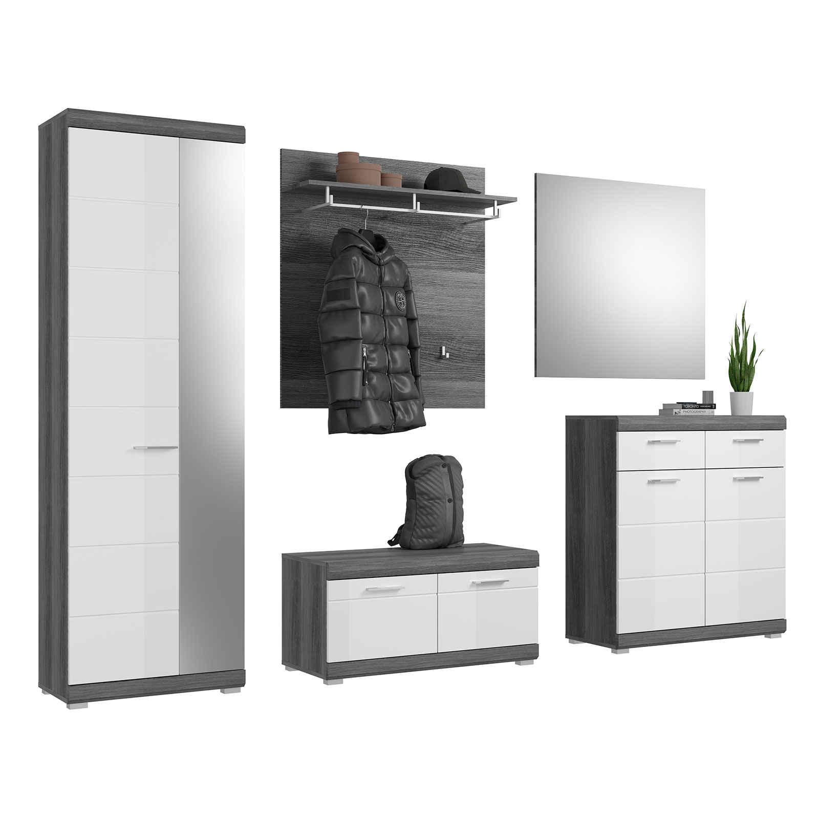 5-teiligesGarderoben-Set -Rauchsilber - weiß Hochglanz