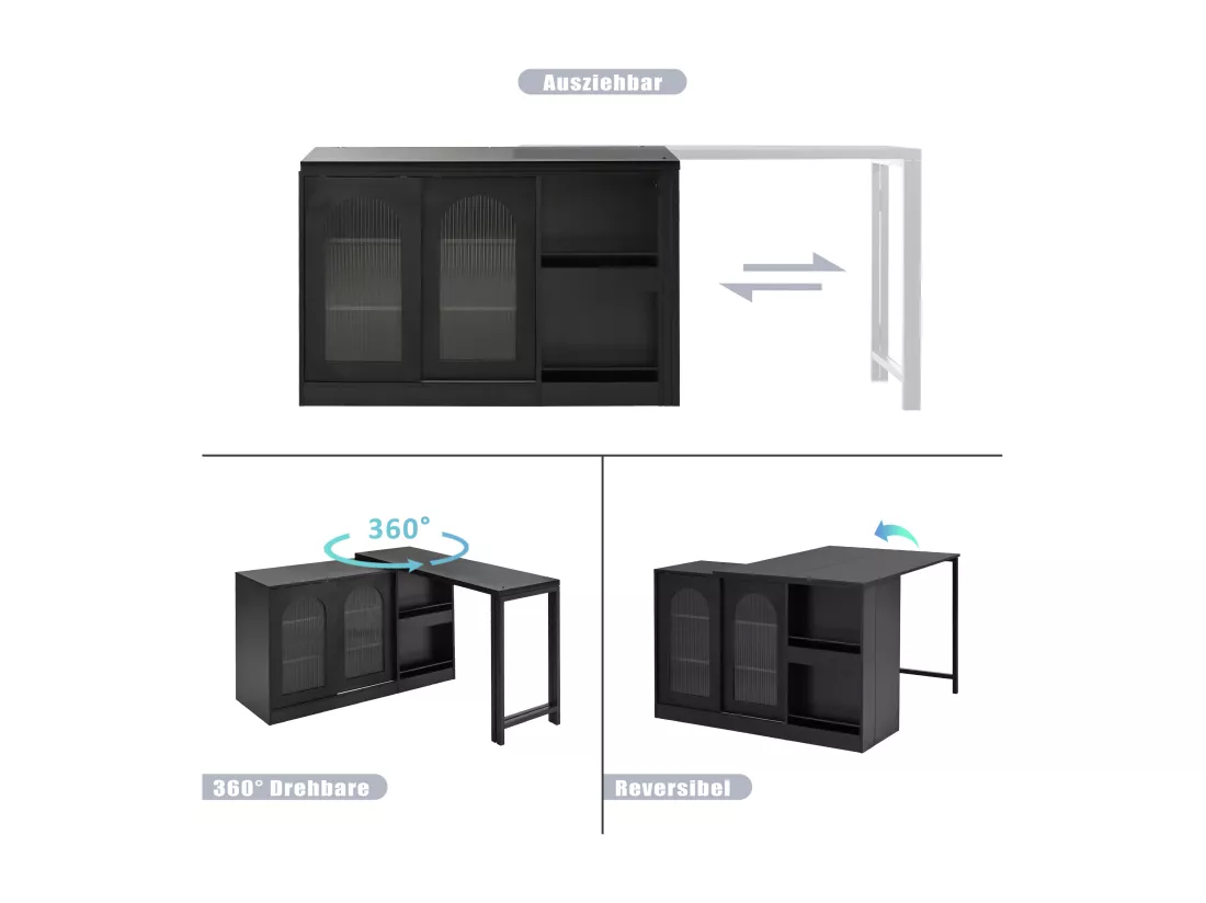 Meuble de bar extensible pivotant, table à manger - 2 portes coulissantes en verre et 2 étagères - Bois MDF - 115 x 40 x 74.5 cm - Noir