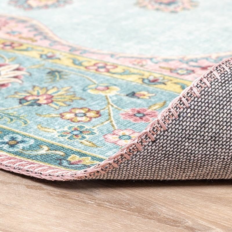FRAAI | Home & Living Teppich Vintage Rund - Lily Medaillon Hellblau Türkis - Baumwolle, Polyester - Flachgewebe - Vintage - Wohnzimmer, Esszimmer, Schlafzimmer - Carpet