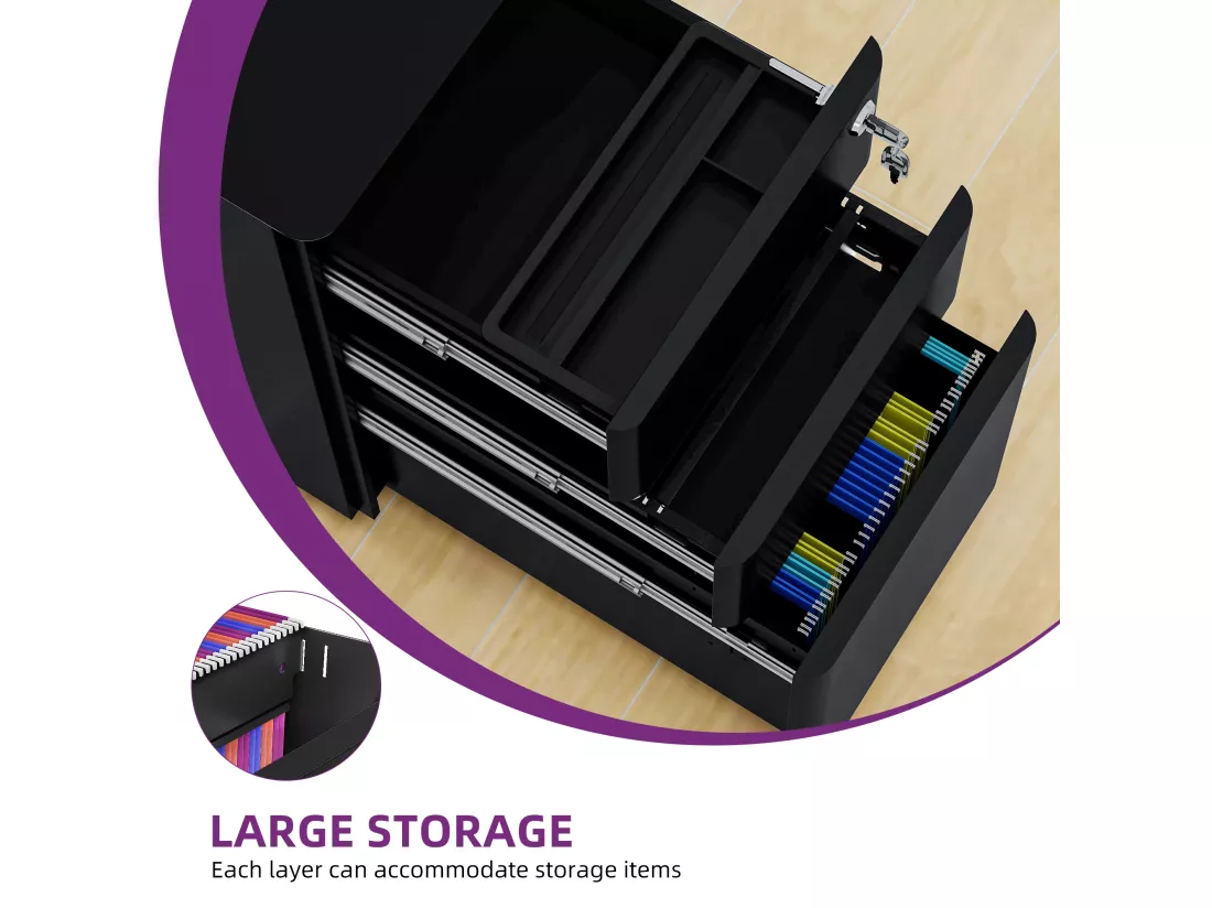 Caisson Bureau avec 3 Tiroirs - Métal Caisson de Rangement avec roulettes - Noir - 46 x 30 x 59cm