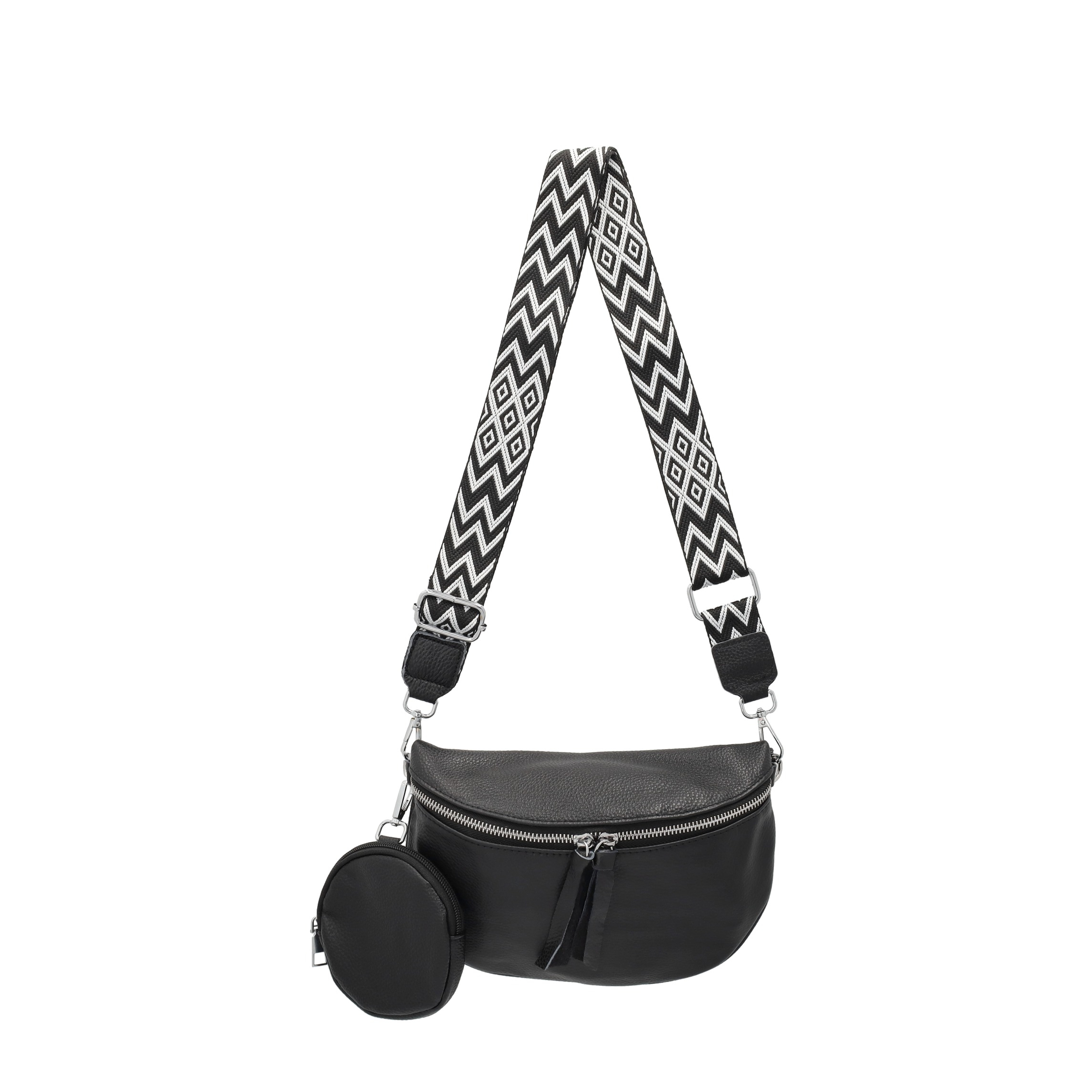 (25x15cm) Echtleder Schultertasche Fashion Crossbody Bag Bauchtasche mit Anhänger - Schwarz
